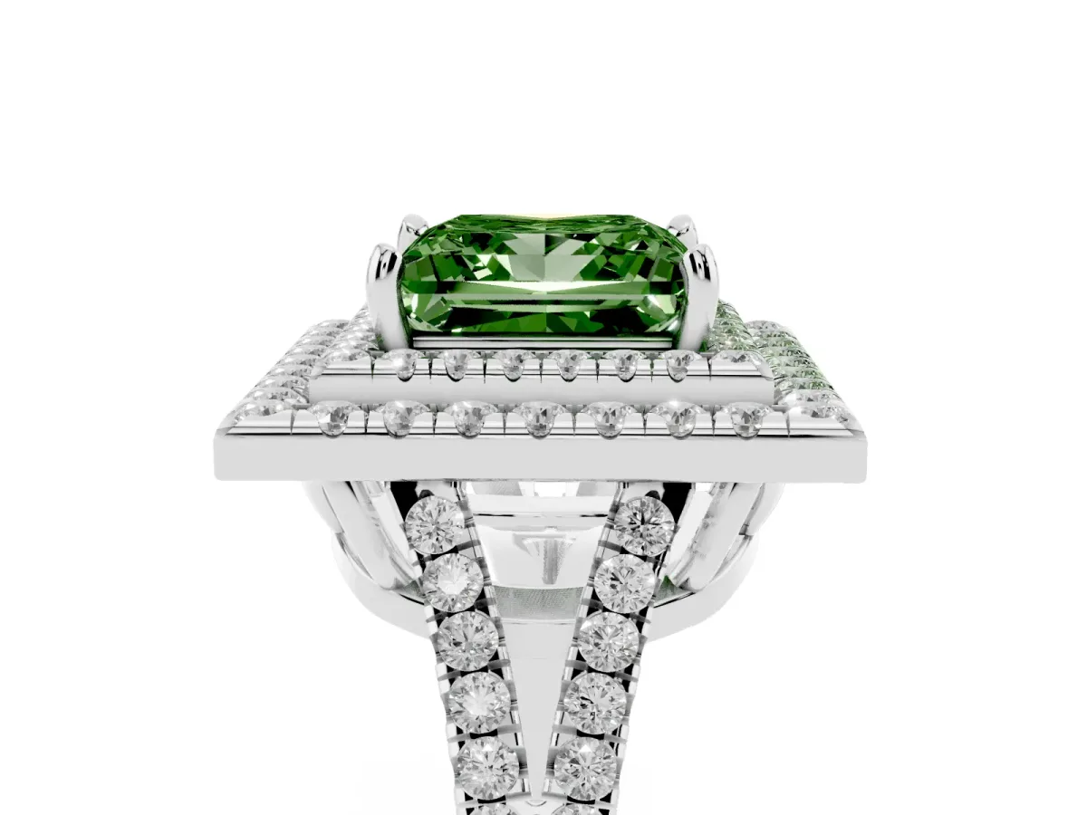 Fancy Green Princess Cut Diamond Double Halo Ring with Pavé Band and Prong Setting White gold
