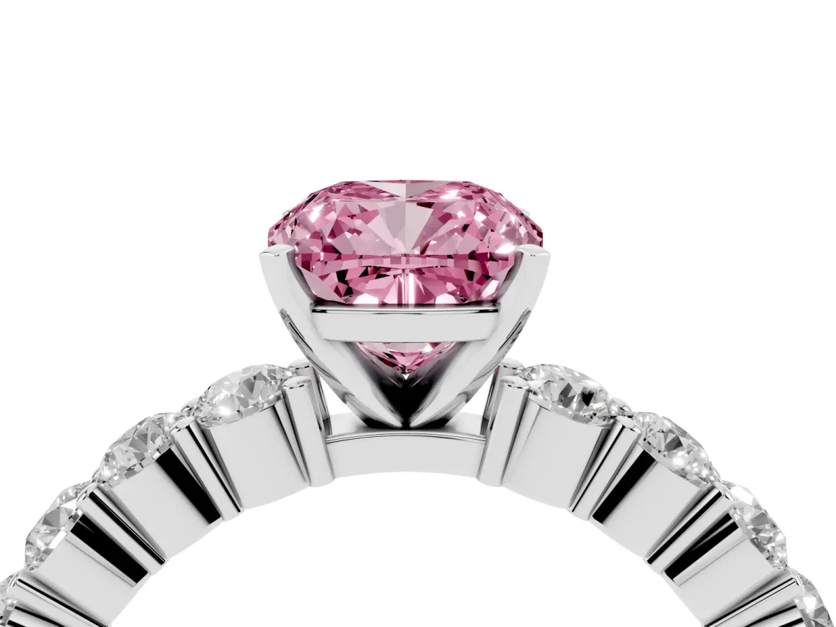 Fancy Pink Cushion Cut Diamond Solitaire Ring with Shared Prong Round Side Stones Silver