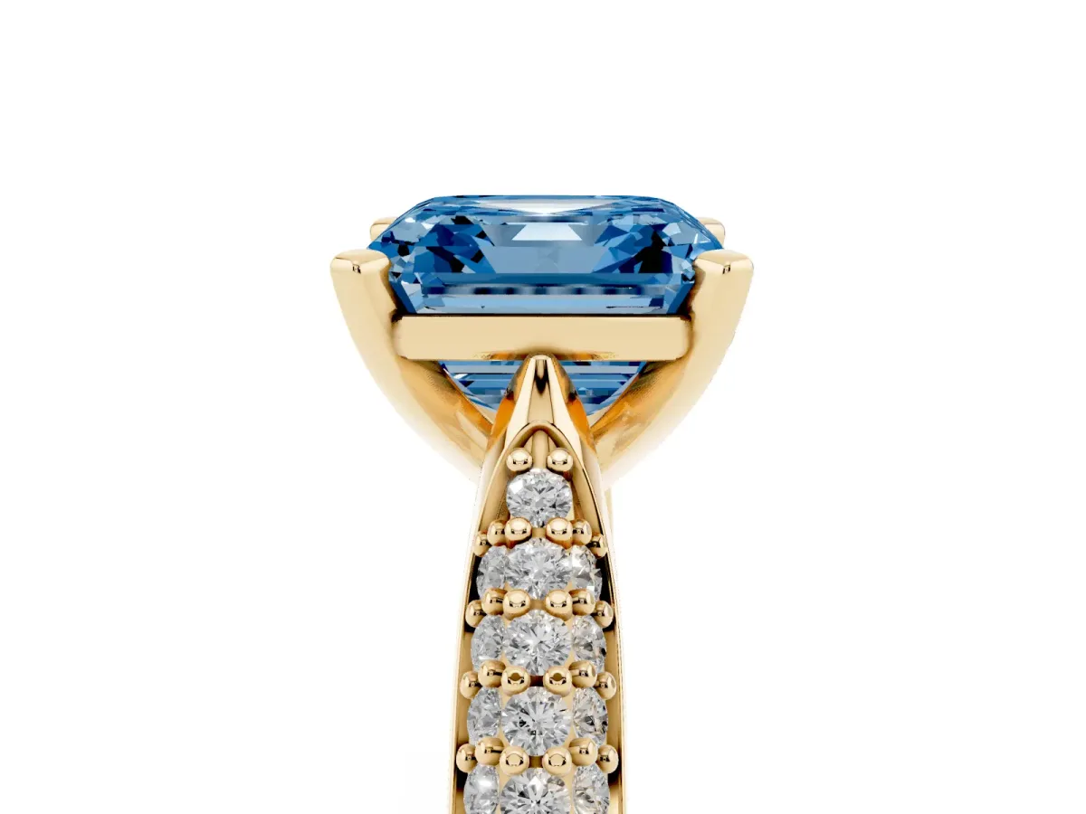 Fancy Blue Asscher Cut Diamond Solitaire Engagement Ring with Multi-Row Round Pavé Band and Prong Setting Yellow gold