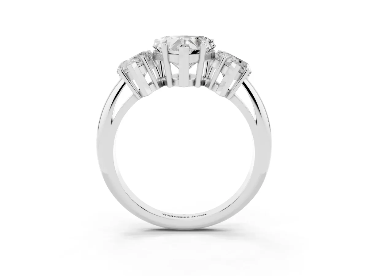 Three-Stone Heart Cut Cut Diamond Engagement Ring with Prong Setting on a White Gold Band Silver