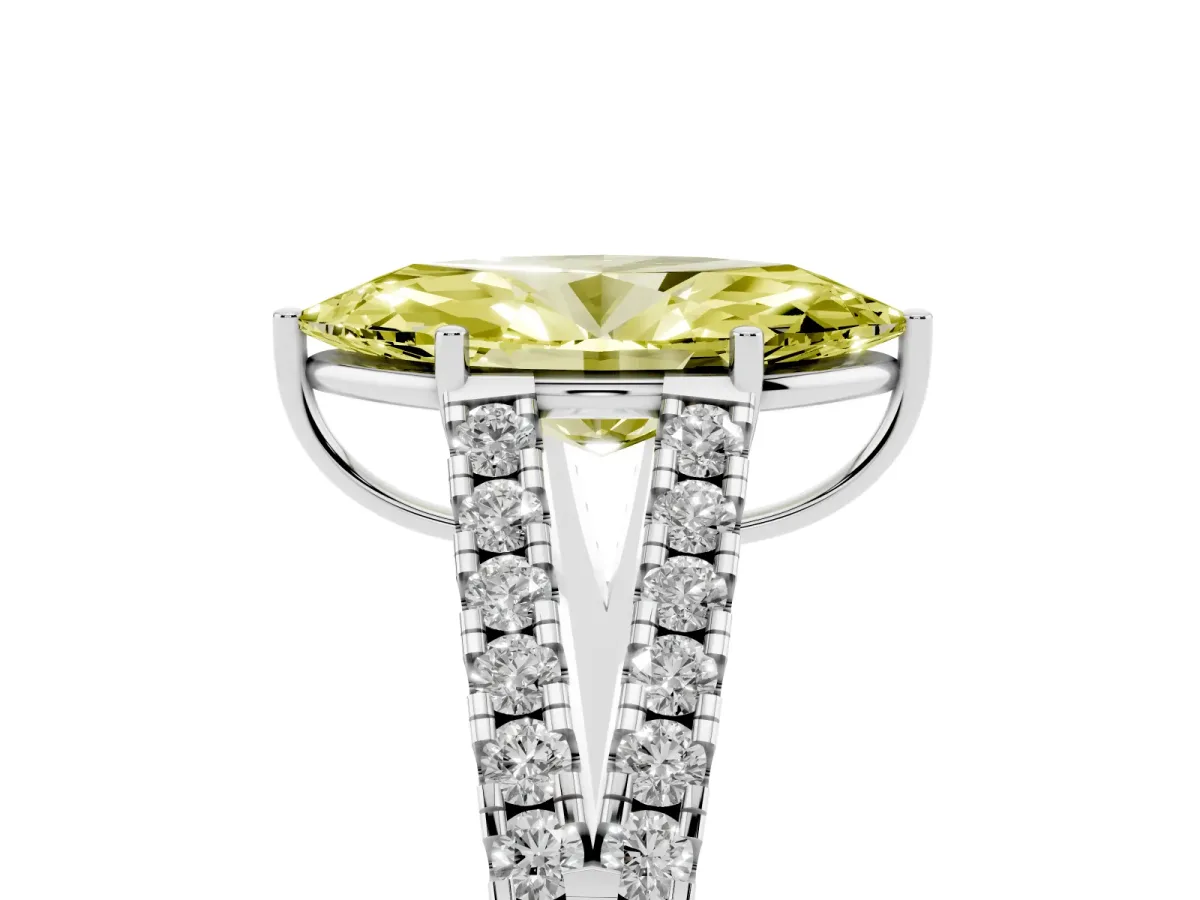 Fancy Yellow Marquise Cut Diamond Split Shank Engagement Ring with Round Pavé and Prong Setting Silver