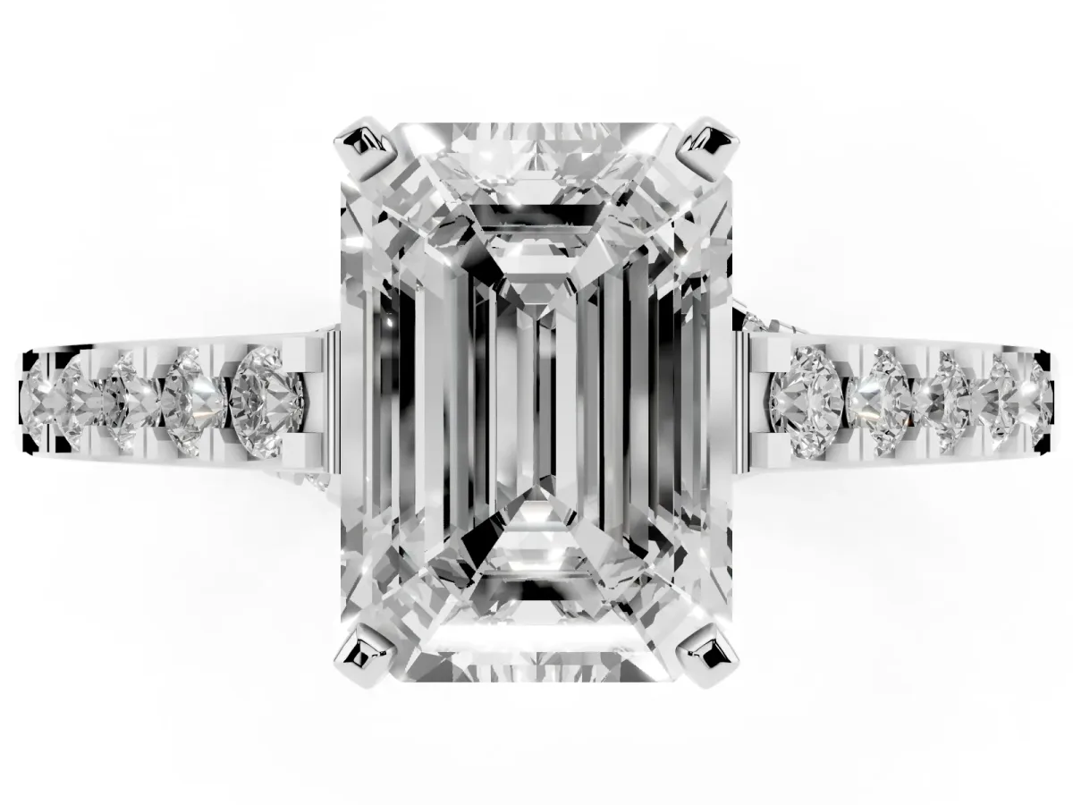 Emerald Cut Diamond Solitaire Ring with Crossover Gallery and Round Pavé Band White gold