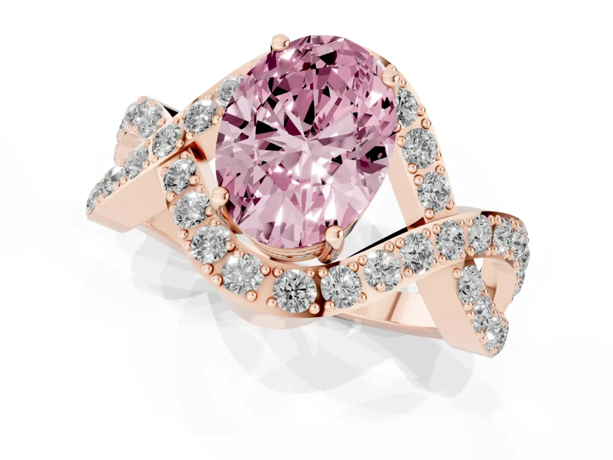 Fancy Pink Oval Cut Solitaire Twist Band Pavé Diamond Engagement Ring Rose gold