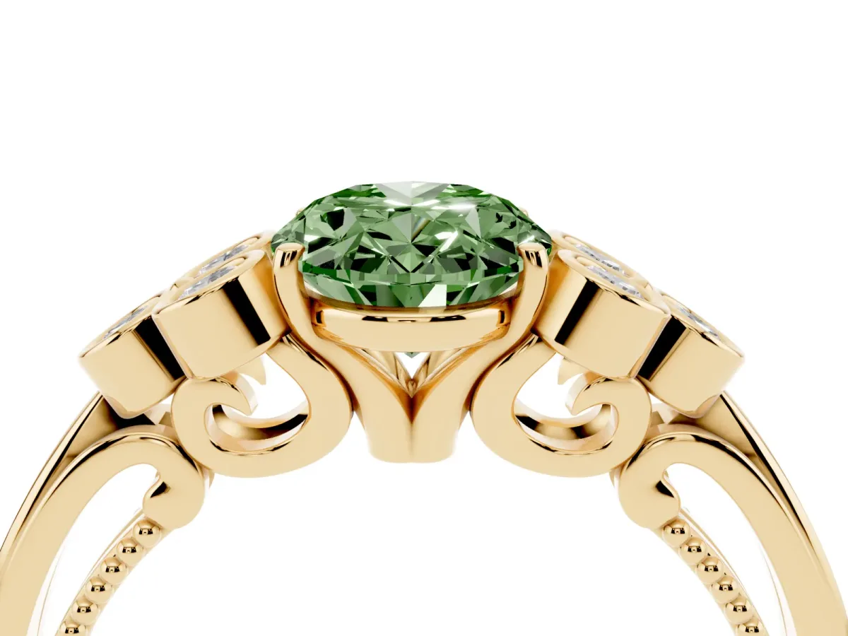 Fancy Green Oval Cut Cut Diamond Engagement Ring with Bezel Set Round Side Stones and Prong Setting Yellow gold