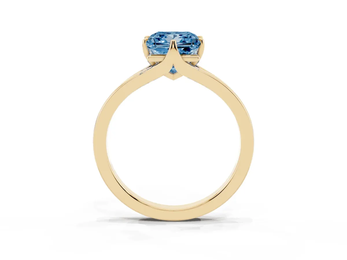 Fancy Blue Princess Cut Solitaire Diamond Ring with Six-Prong Setting and Tapered Band Yellow gold