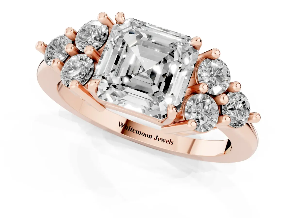Asscher Cut Brilliant Diamond Cluster Accent Solitaire Ring with Prong Setting Rose gold