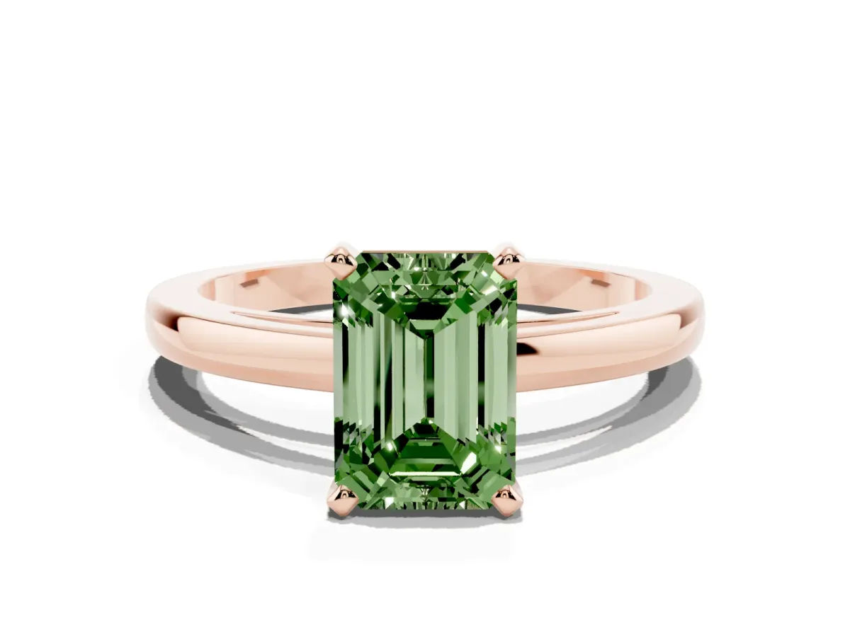 Fancy Green Emerald Cut Solitaire Diamond Engagement Ring with Four-Prong Setting on a Classic Band Rose gold