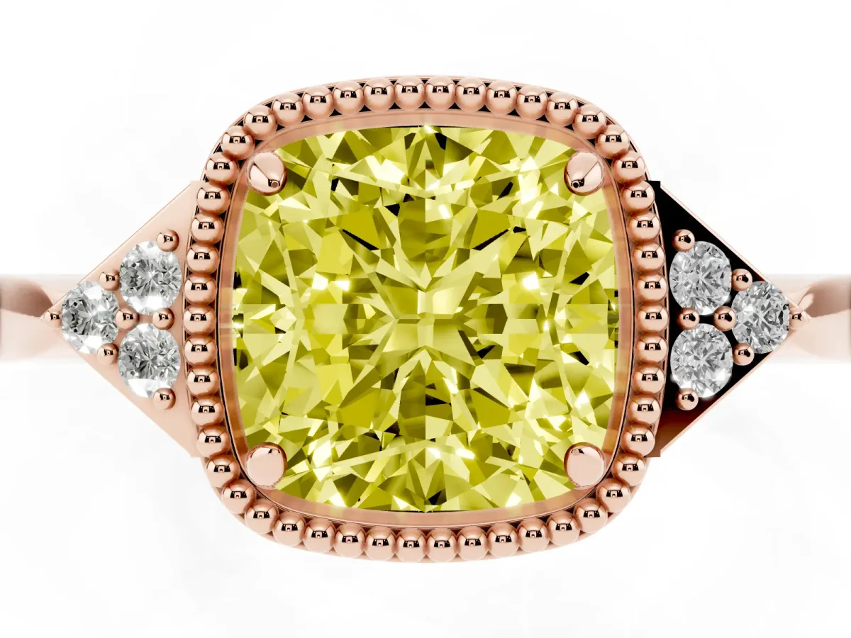 Fancy Yellow Cushion Cut Diamond Halo Ring with Tapered Band and Four-Prong Setting Rose gold