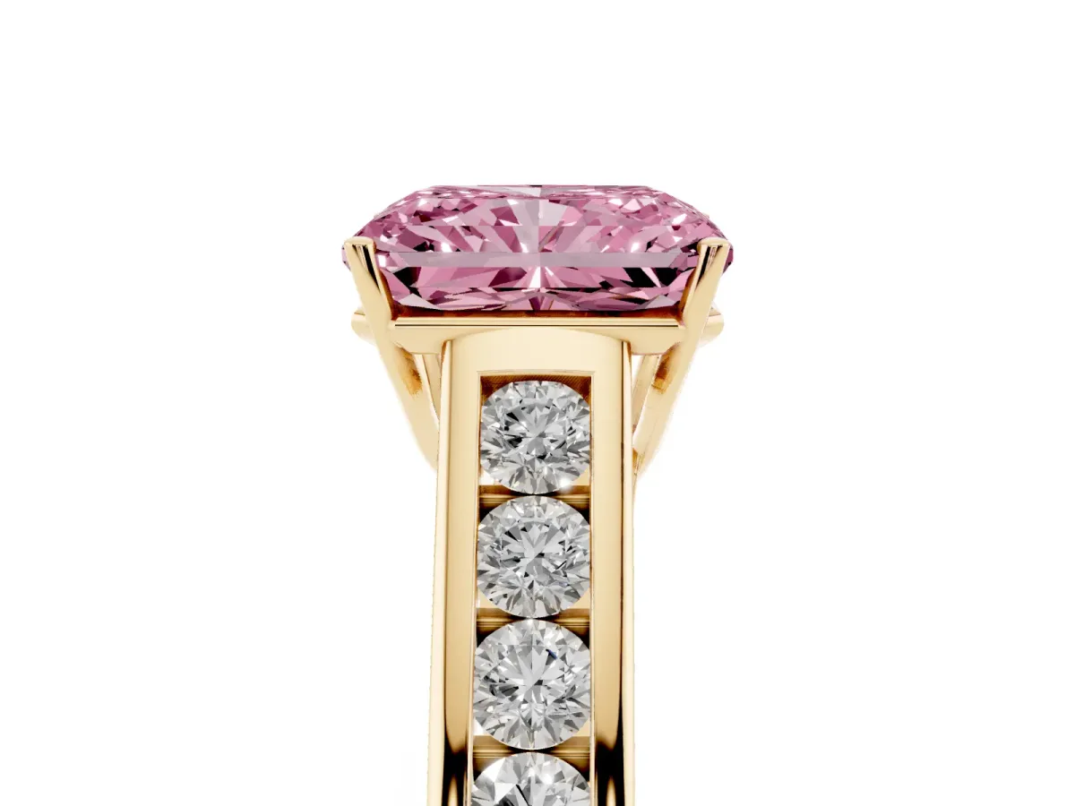 Fancy Pink Radiant Cut Brilliant Channel-Set Solitaire Ring with Four-Prong Setting Yellow gold