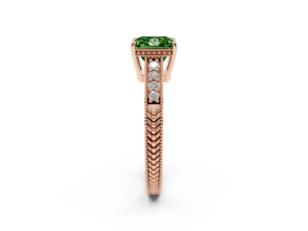 Fancy Green Princess Cut Solitaire Pavé Diamond Milgrain Engagement Ring with Four-Prong Setting Rose gold