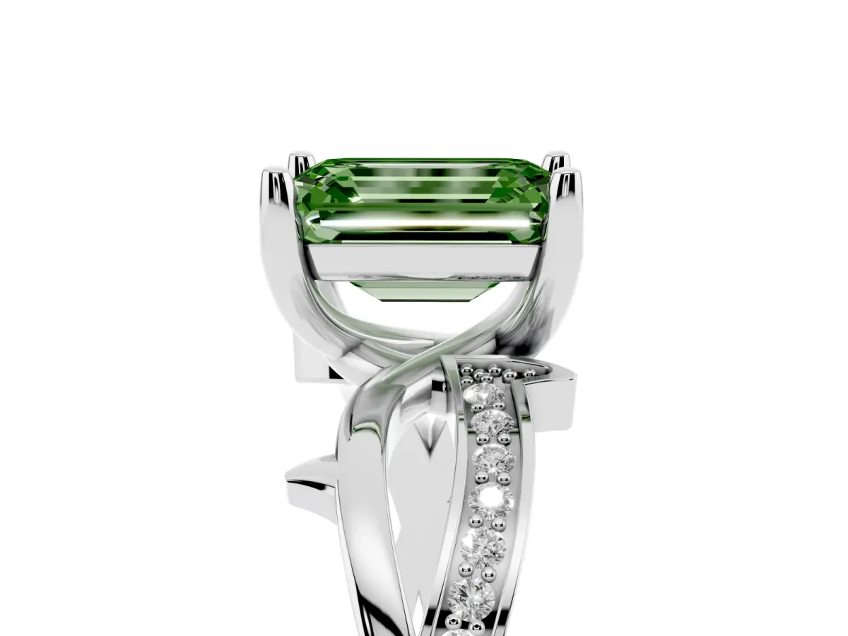 Fancy Green Emerald Cut Solitaire Twist Band with Pavé Accents and Four-Prong Setting Silver