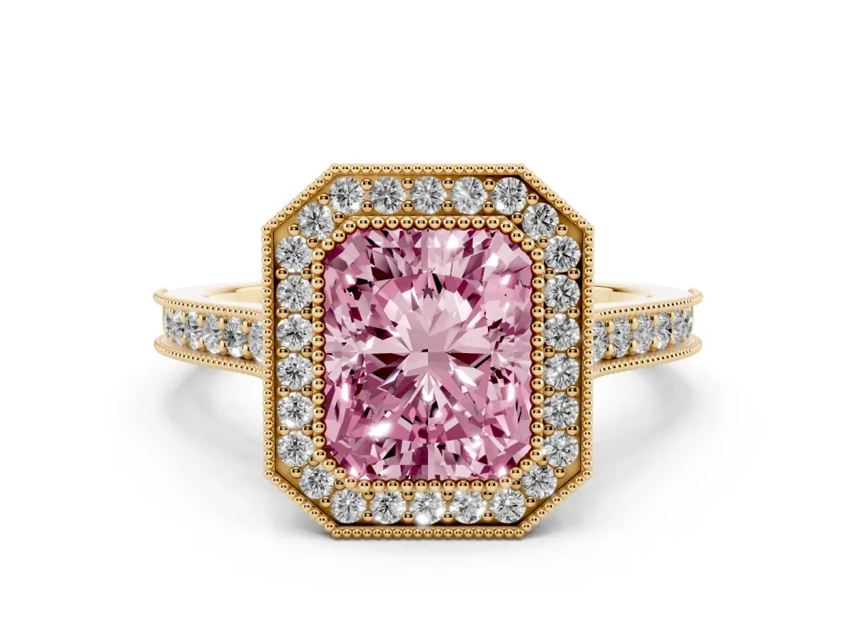 Fancy Pink Halo Radiant Cut-Cut Diamond Pave Band Milgrain Prong Setting Ring Yellow gold