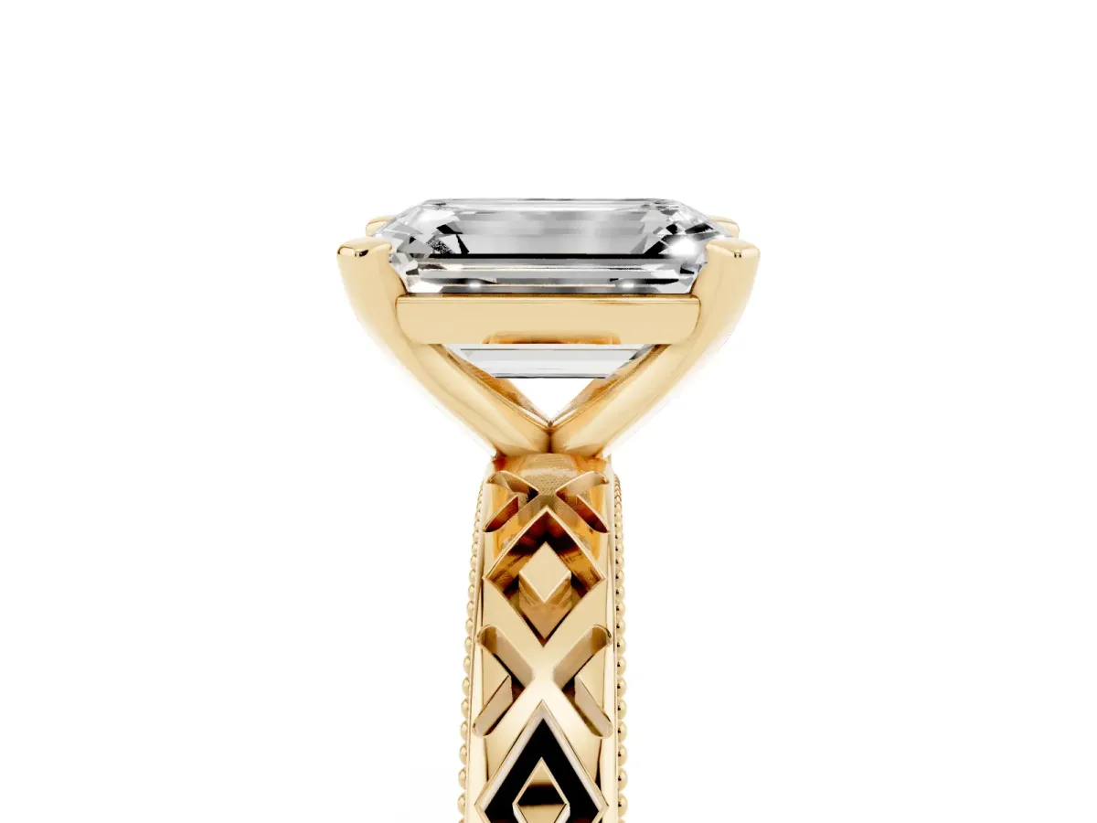 Emerald Cut Solitaire Diamond Ring with Milgrain and Black Enamel X Pattern Band Yellow gold