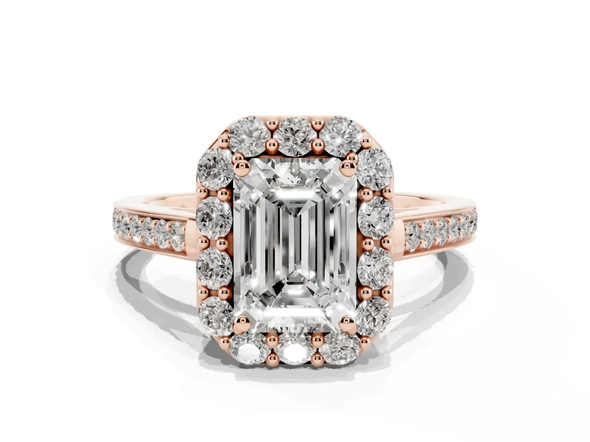 Emerald Cut Diamond Floral Halo Ring with Pavé Band and Prong Setting Rose gold