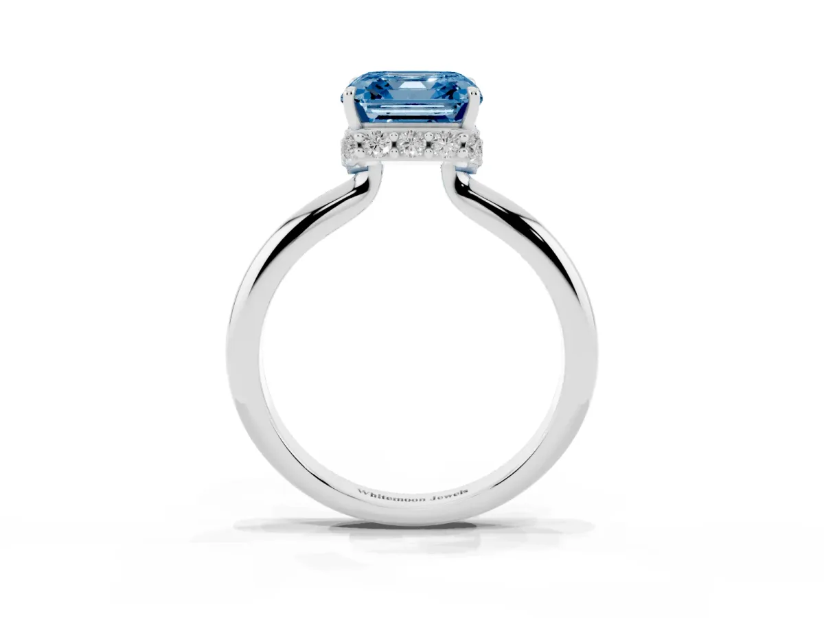 Fancy Blue Asscher Cut Brilliant Solitaire Engagement Ring with Six-Prong Setting and Classic Band Silver
