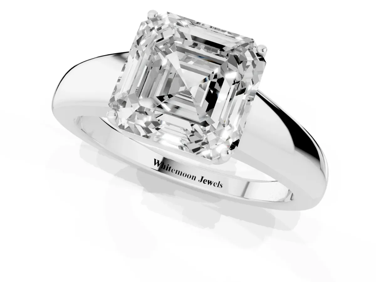 Asscher Cut Solitaire Diamond Ring with Tapered Band and Four-Prong Setting Silver