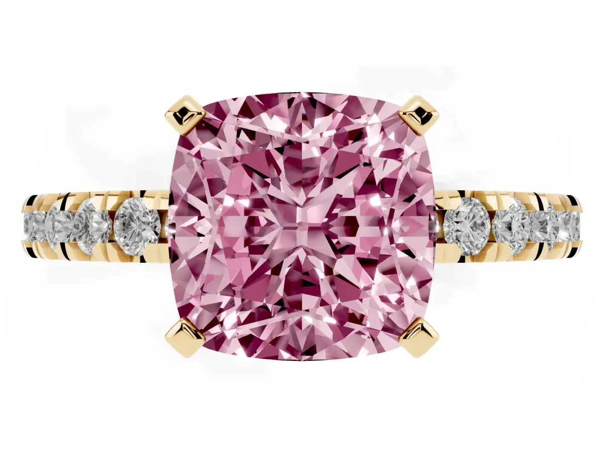 Fancy Pink Cushion Cut Diamond Pavé Band Solitaire with Four-Prong Setting Yellow gold