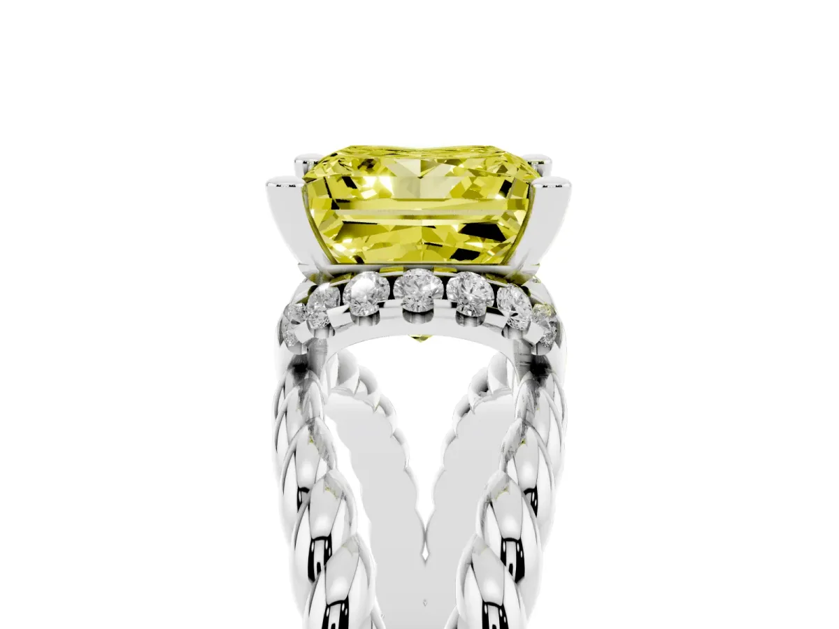 Fancy Yellow Princess Cut Halo Twisted Band Four-Prong Ring Silver