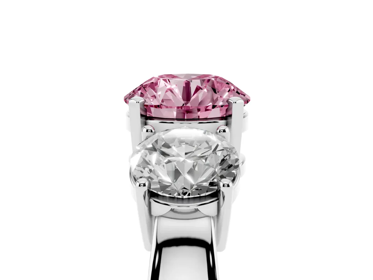 Fancy Pink Three-Stone Round Cut Diamond Ring with Round Side Stones, Classic Band, and Four-Prong Setting Platinum