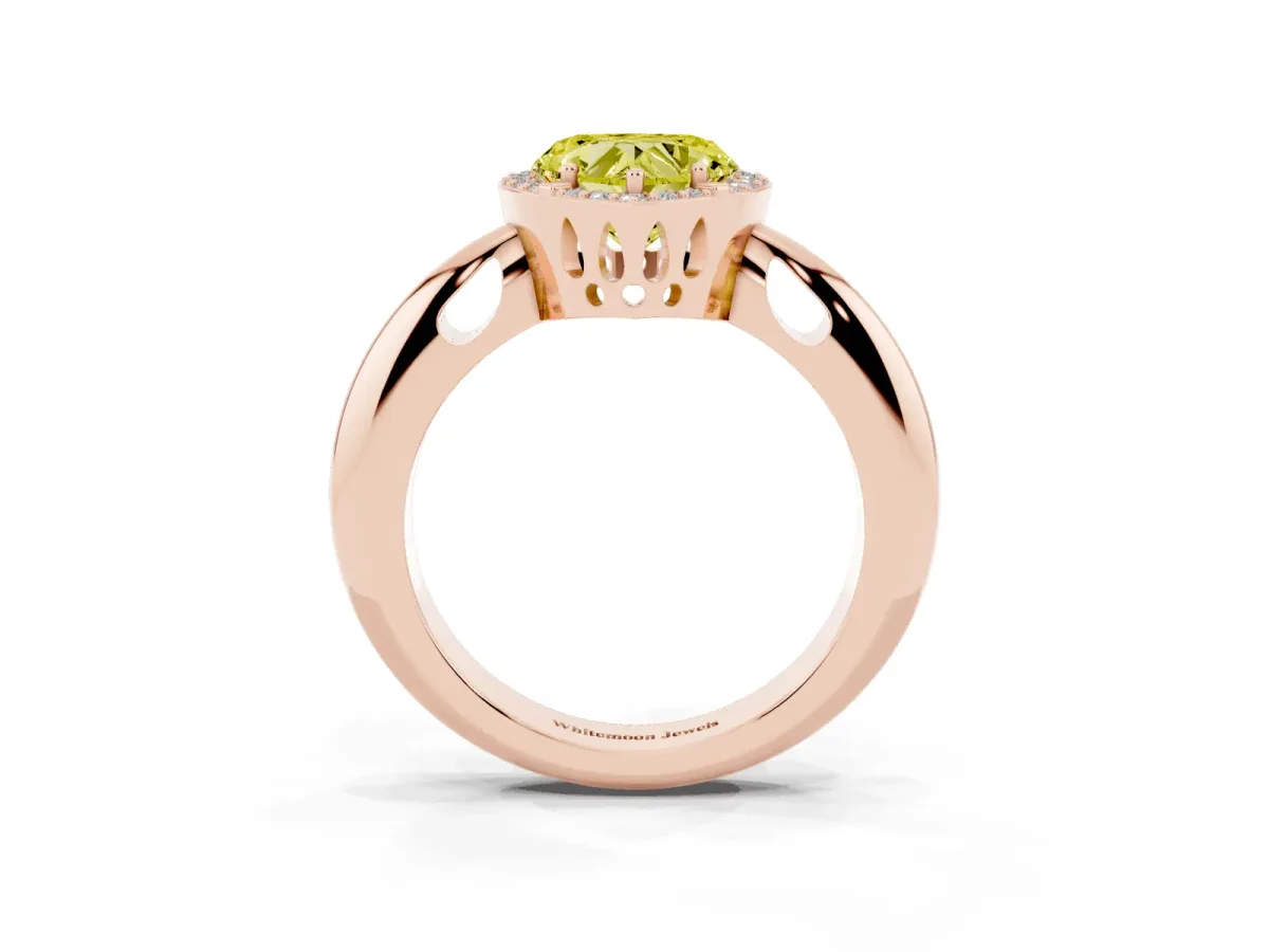 Fancy Yellow Heart Cut Cut Diamond Halo Engagement Ring with Split Shank and Four-Prong Setting Rose gold