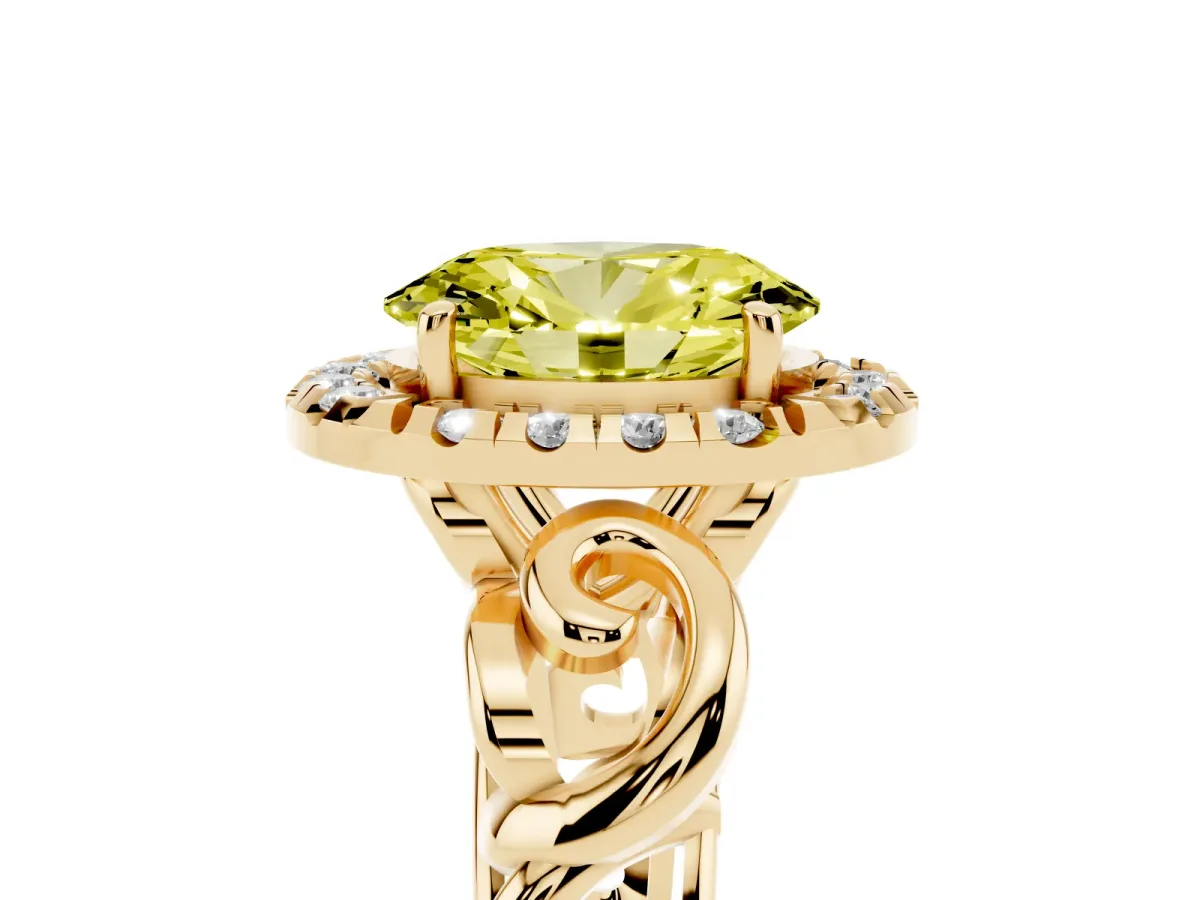Fancy Yellow Oval Cut Cut Halo Diamond Ring with Scrollwork Band and Four-Prong Setting Yellow gold