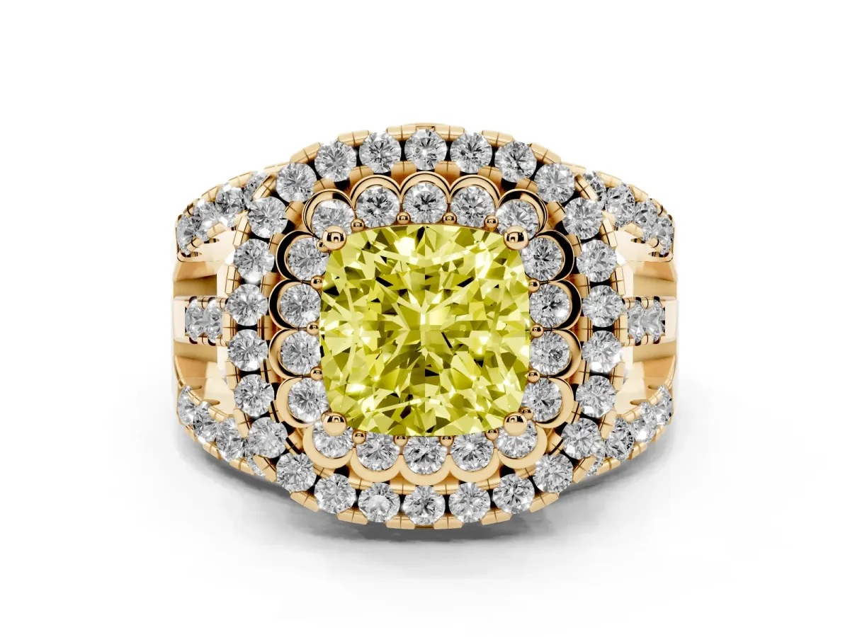 Fancy Yellow Cushion Cut Diamond Double Halo Ring with Round Pavé Split Shank and Prong Setting Yellow gold