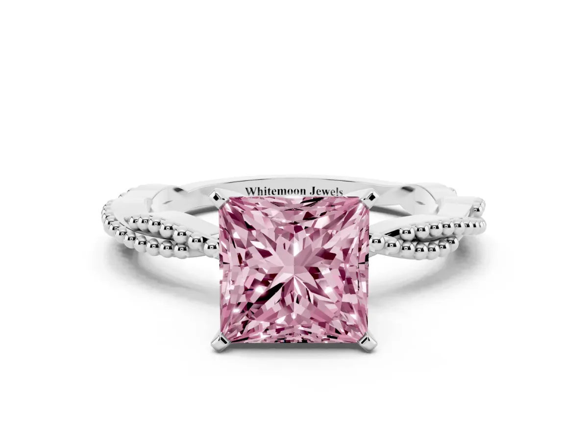 Fancy Pink Princess Cut Solitaire Twisted Band with Bead Prong Setting Platinum