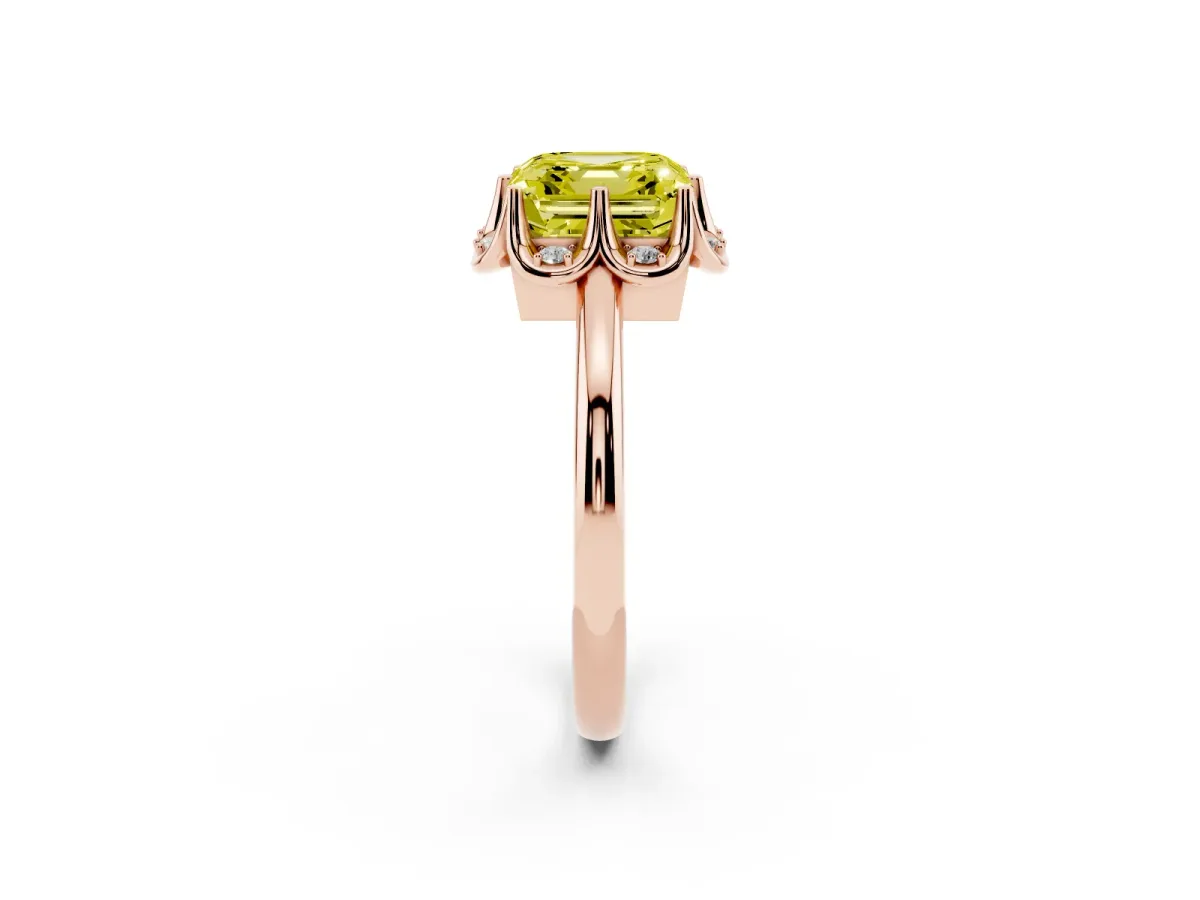Fancy Yellow Asscher Cut Halo Diamond Ring with Round Cluster Setting, Solitaire Band, and Four-Prong Setting Rose gold