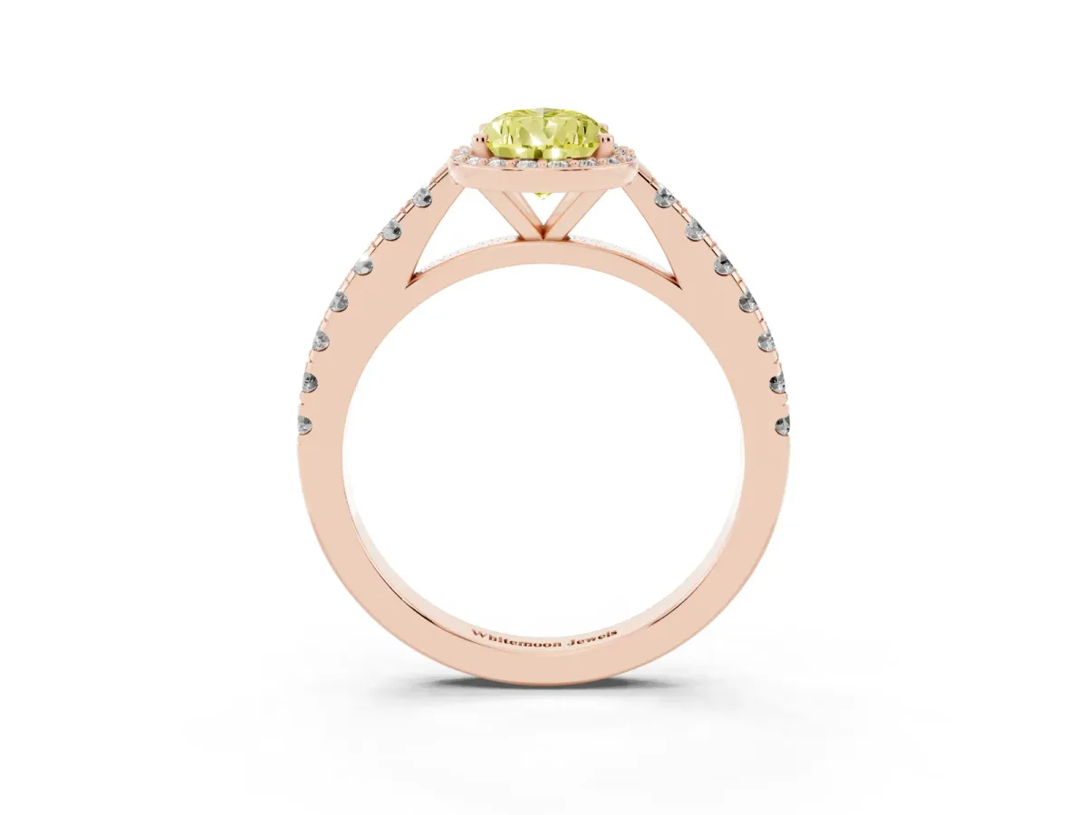 Fancy Yellow Pear Cut Cut Halo Diamond Engagement Ring with Pave Band and Four-Prong Setting Rose gold