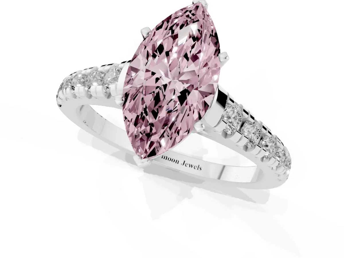 Fancy Pink Marquise Cut Diamond Cathedral Solitaire Ring with Round Pavé Band Silver