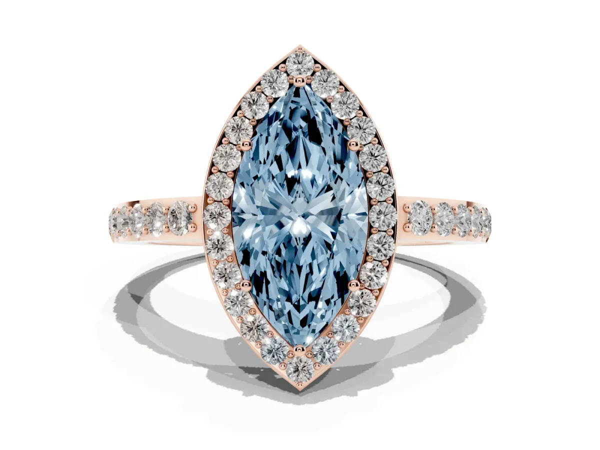Fancy Blue Marquise Cut Halo Diamond Pavé Band Ring with Prong Setting Rose gold