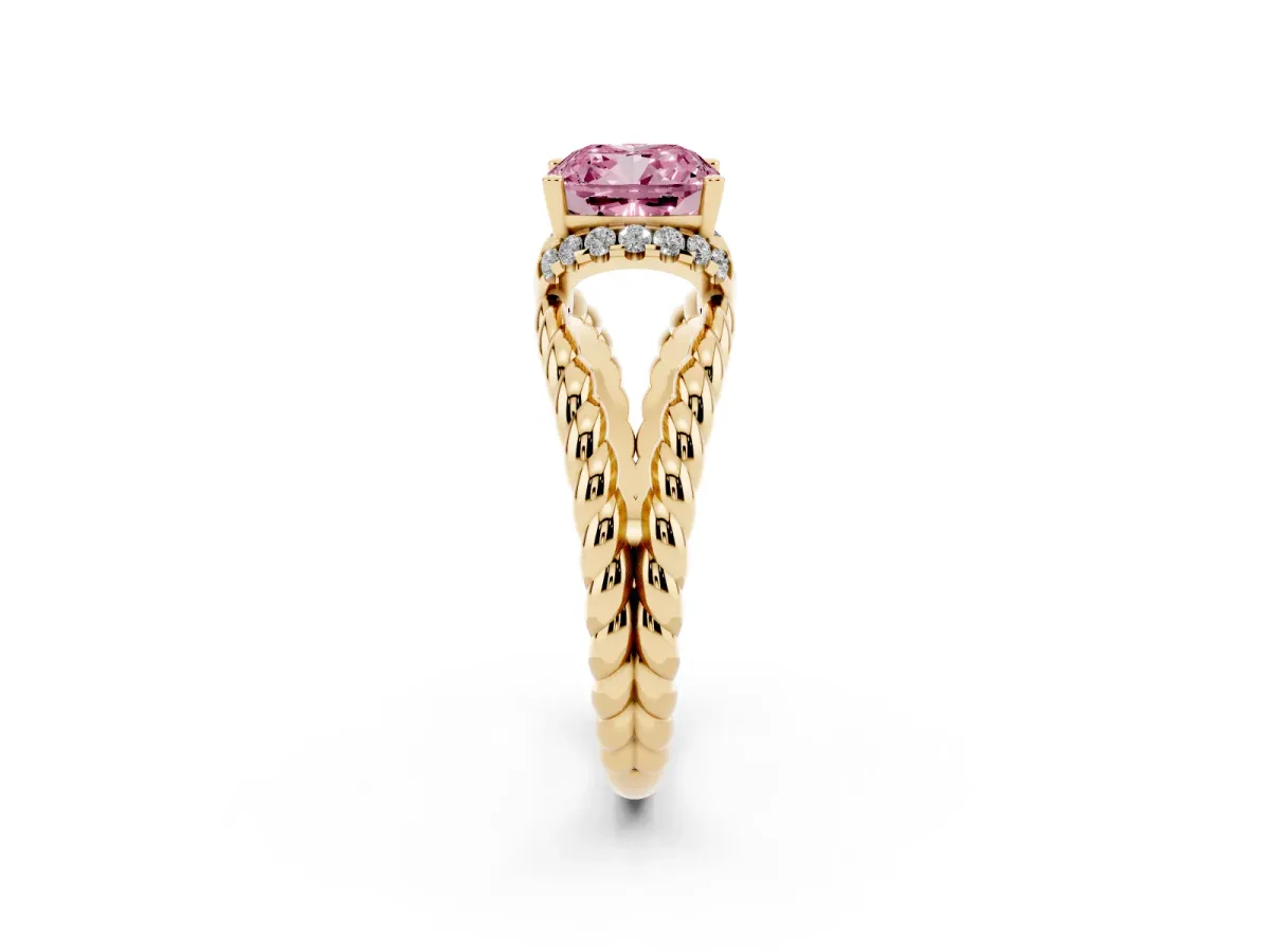 Fancy Pink Cushion Cut Halo Twisted Band Four-Prong Ring Yellow gold