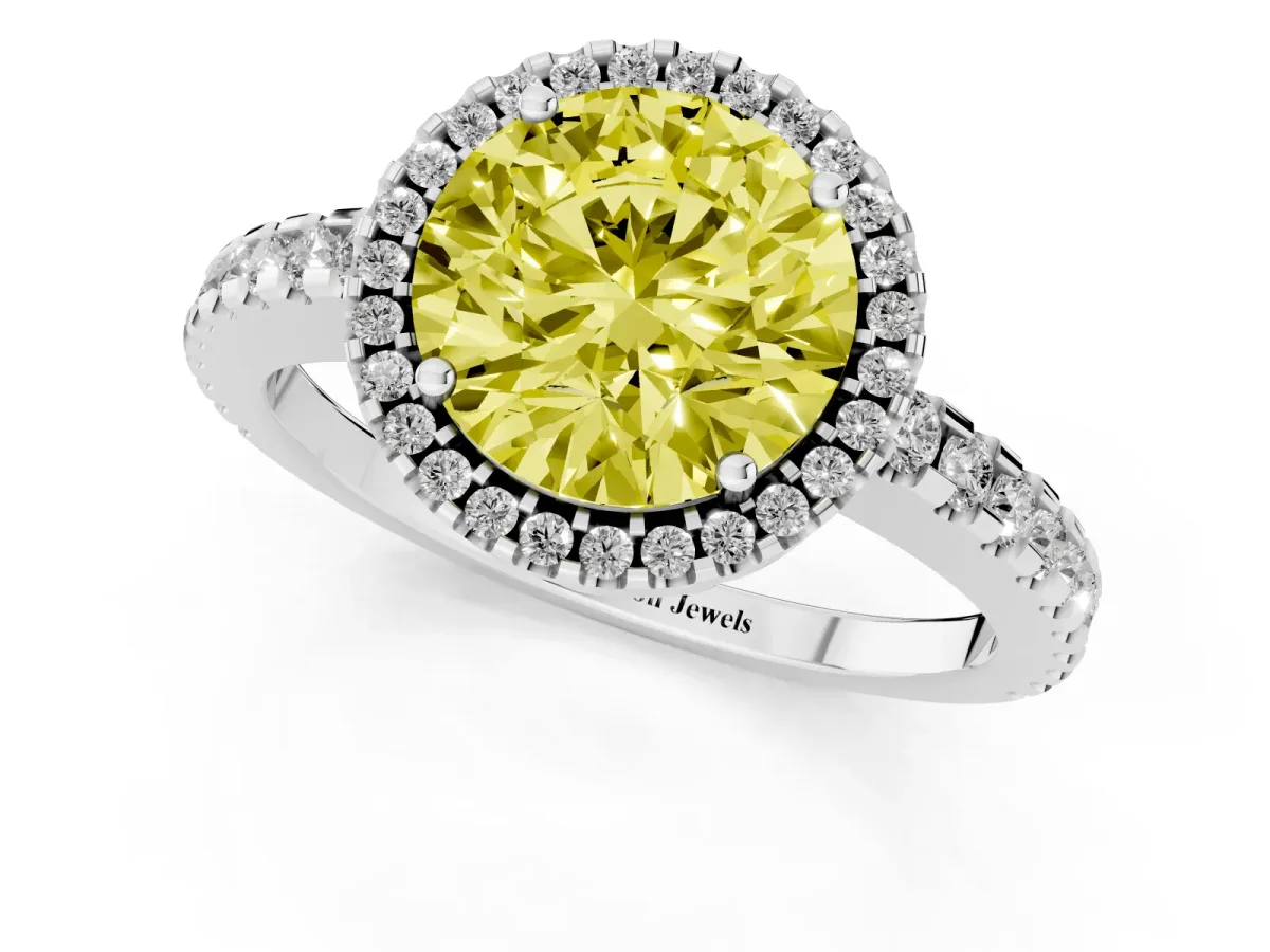 Fancy Yellow Round Cut Diamond Halo Engagement Ring with Pavé Band and Prong Setting Platinum