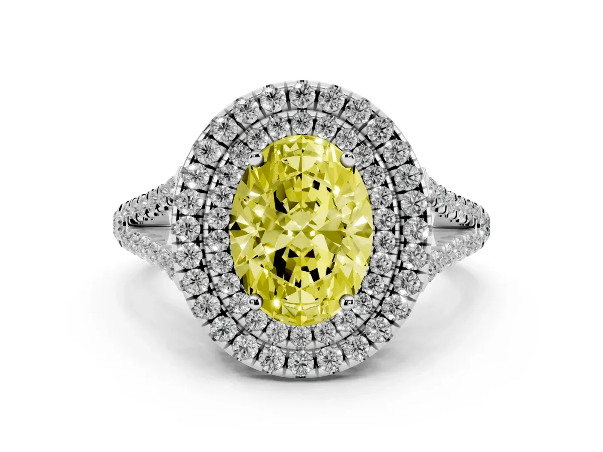 Fancy Yellow Oval Cut Diamond Double Halo Ring with Pavé Band and Prong Setting Platinum