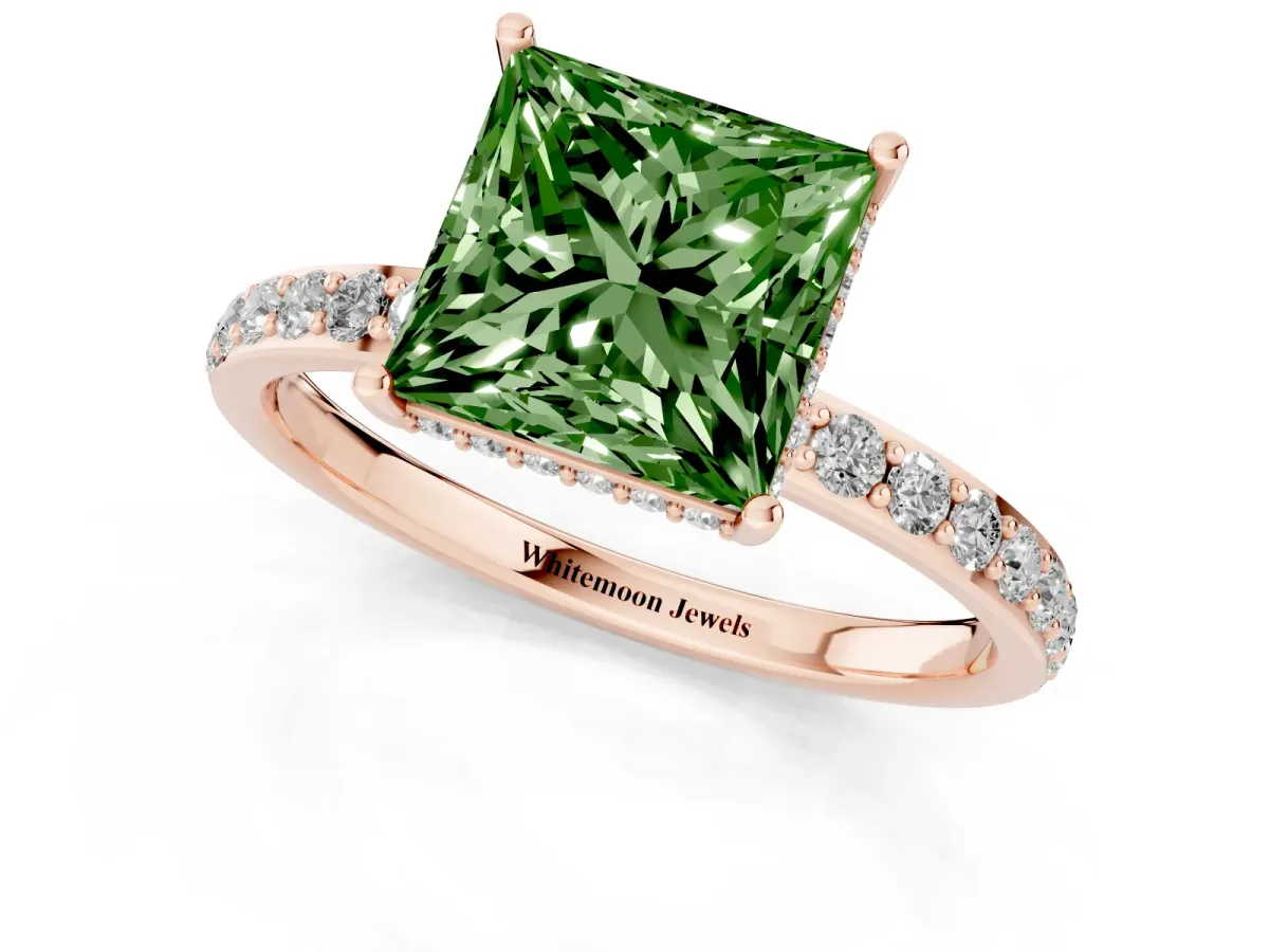 Fancy Green Princess Cut Diamond Solitaire Ring with Pavé Band and Hidden Halo Rose gold