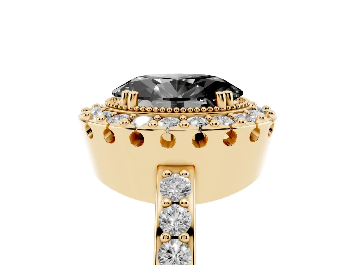 Fancy Black Oval Cut Diamond Halo Ring with Pavé Band and Prong Setting Yellow gold