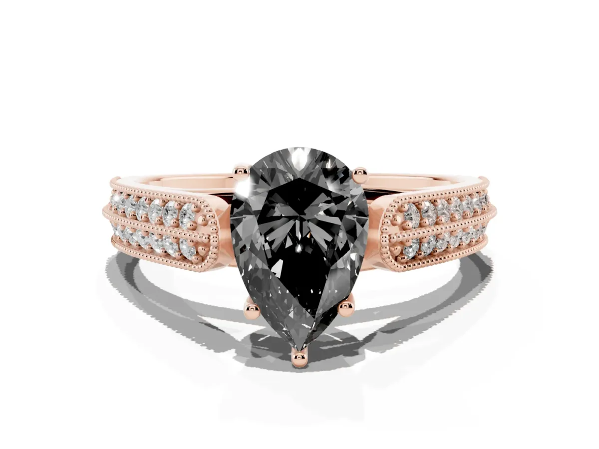 Fancy Black Pear Cut Cut Pave Split Shank Engagement Ring with Four-Prong Setting Rose gold
