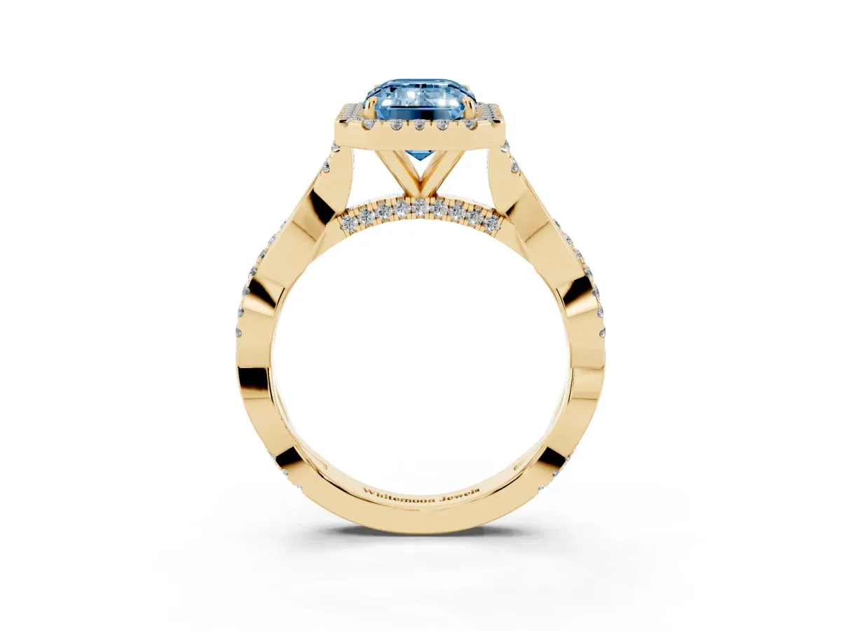 Fancy Blue Emerald Cut Halo Twist Band Solitaire Ring Yellow gold