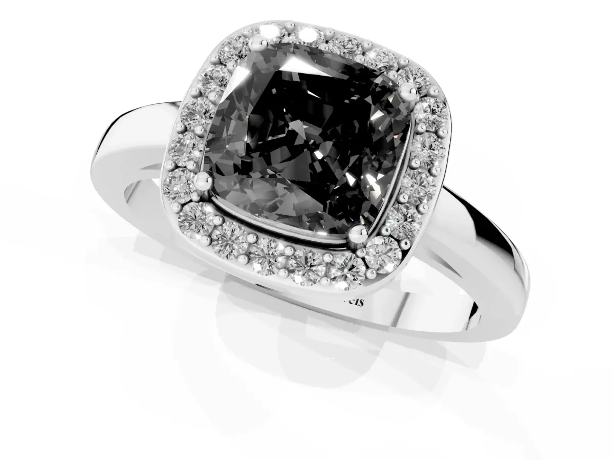 Fancy Black Cushion Cut Halo Diamond Ring with Solitaire Band and Prong Setting Platinum