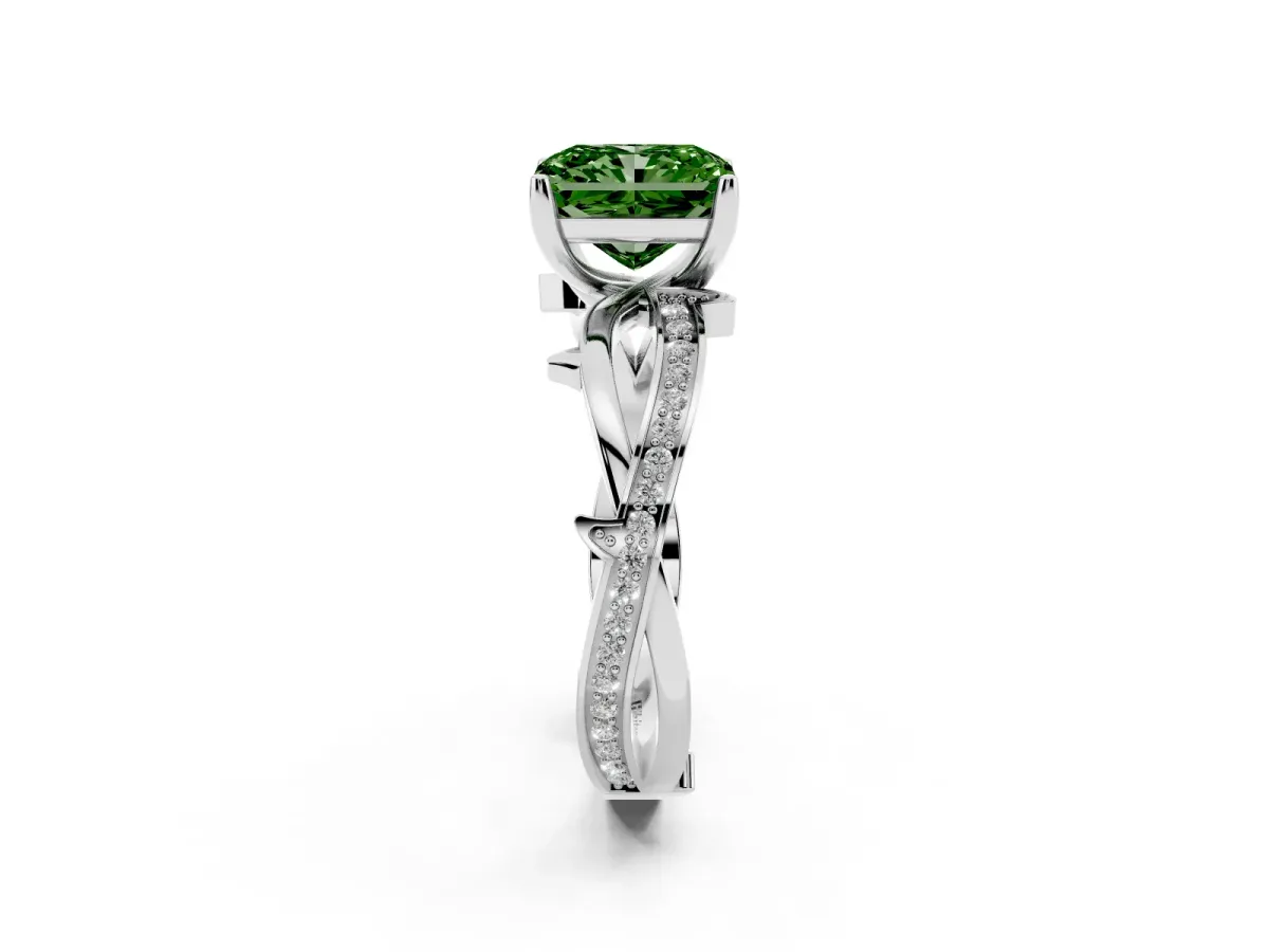 Fancy Green Radiant Cut Solitaire Twist Band with Pavé Accents and Four-Prong Setting White gold