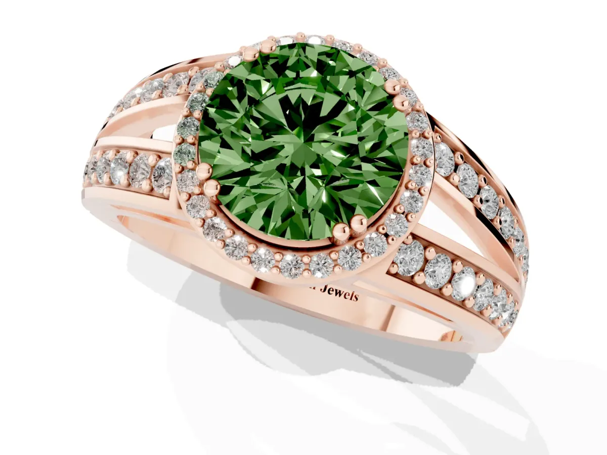 Fancy Green Round Cut Diamond Halo Ring with Split Shank Pavé Band and Four-Prong Setting Rose gold