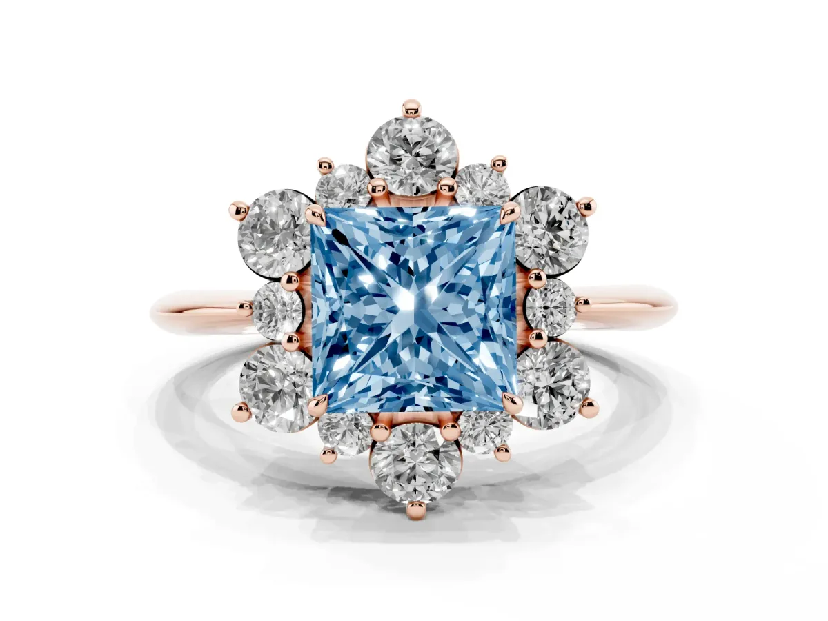 Fancy Blue Princess Cut Diamond Cluster Halo Ring with Solitaire Band and Four-Prong Setting Rose gold