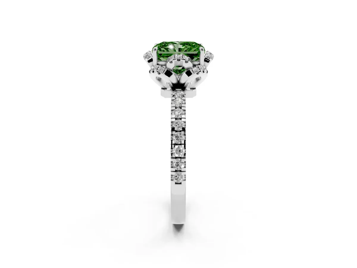 Fancy Green Radiant Cut Diamond Halo Pave Band with Four-Prong Setting Silver