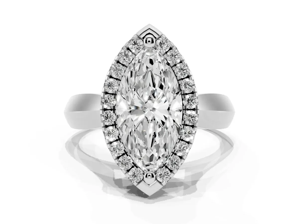 Marquise Cut Cut Halo Solitaire Engagement Ring with Square Band and Four-Prong Setting Silver