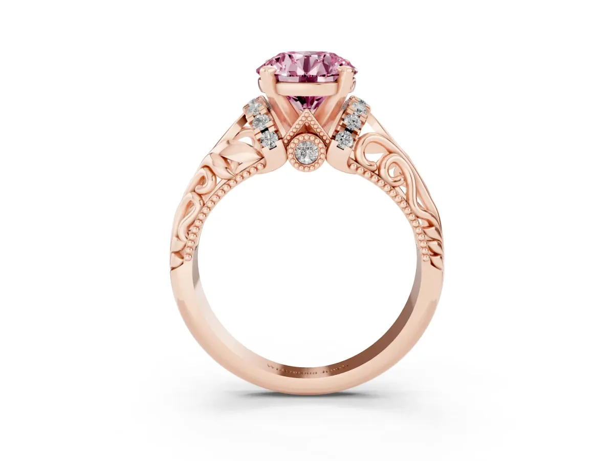 Fancy Pink Round Cut Solitaire Filigree Engagement Ring with Halo and Prong Setting Rose gold