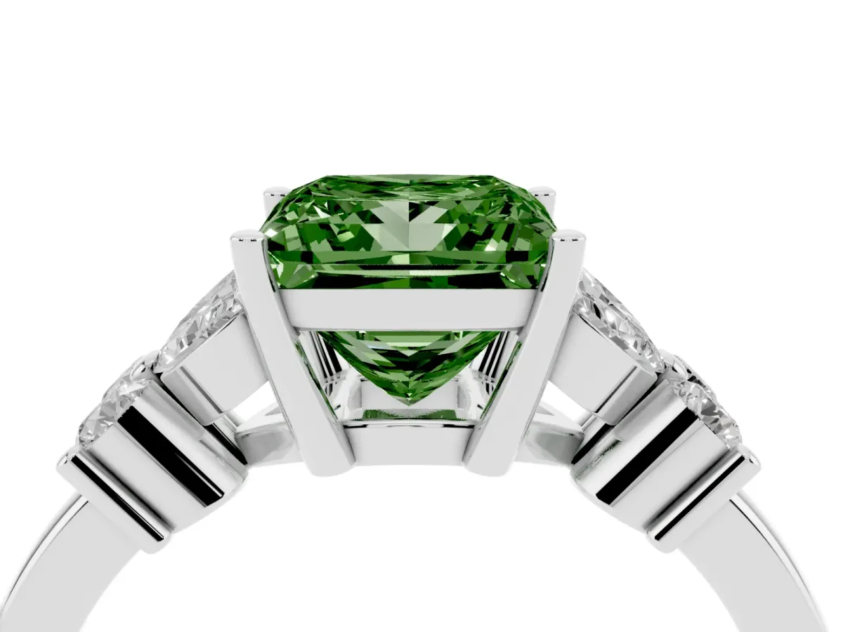 Fancy Green Princess Cut Diamond Floral Cluster Ring with Solitaire Band and Prong Setting Silver