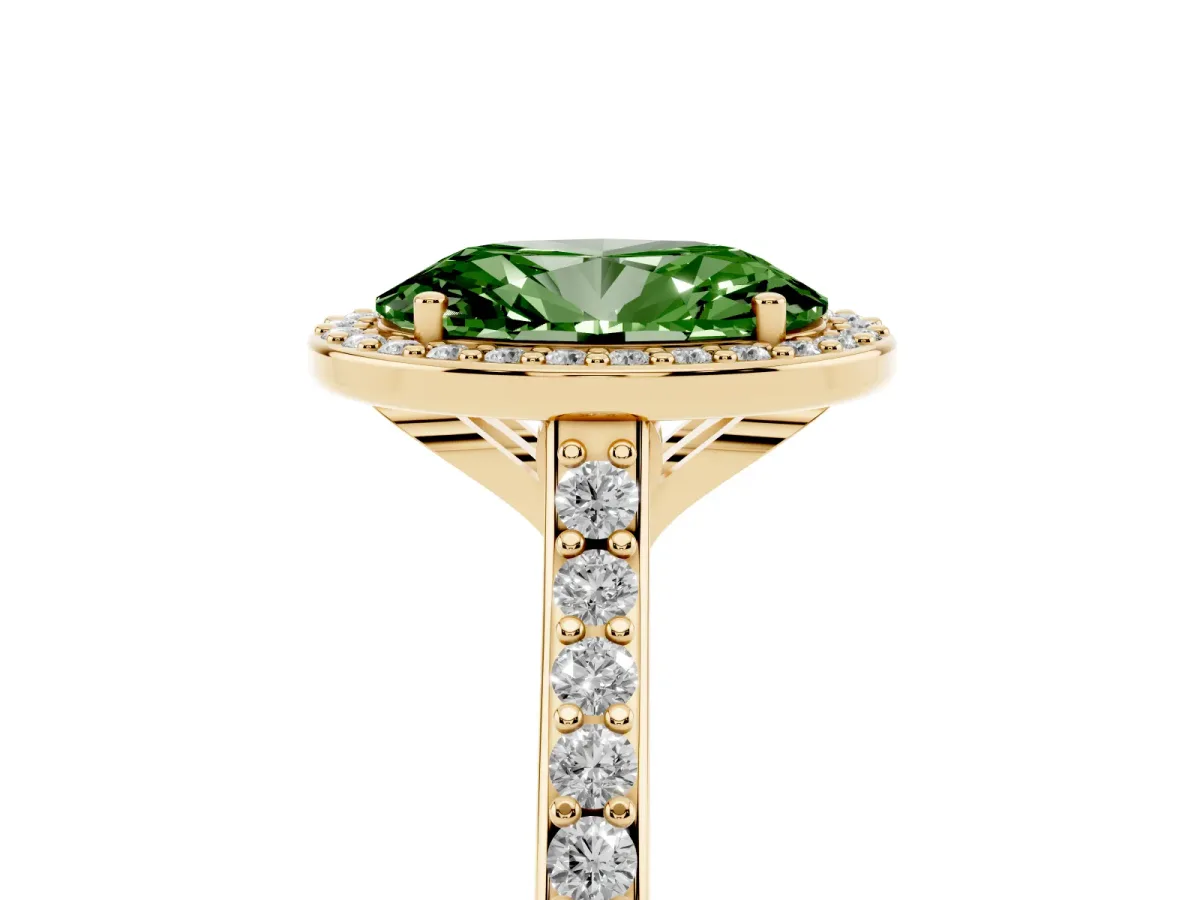 Fancy Green Oval Cut Diamond Halo Engagement Ring with Round Pavé Shoulders and Prong Setting Yellow gold