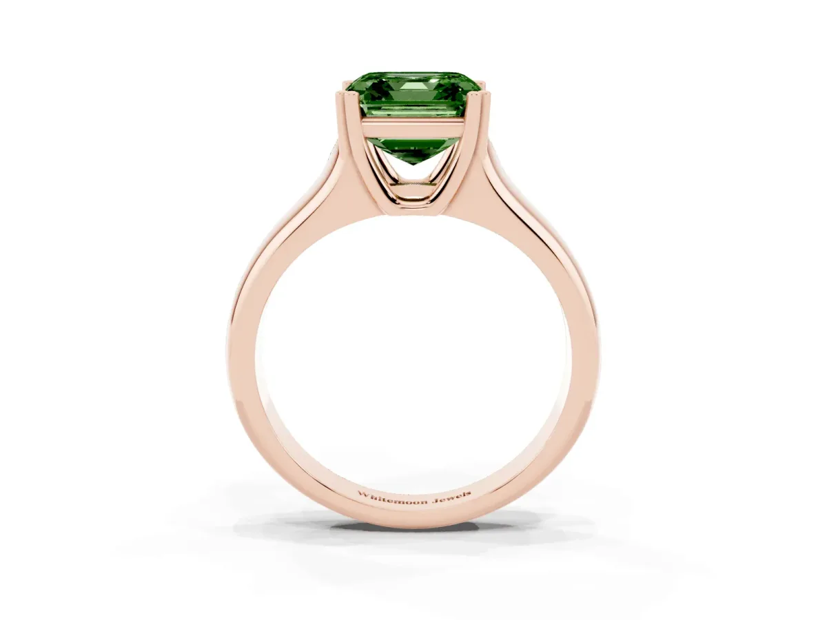 Fancy Green Asscher Cut Diamond Solitaire Ring with Wide Band and Prong Setting Rose gold