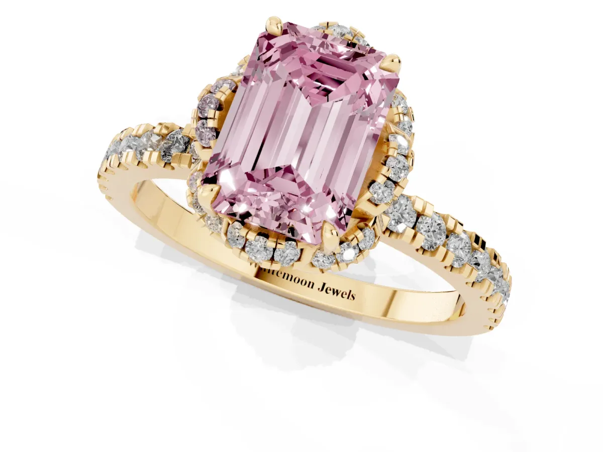 Fancy Pink Emerald Cut Diamond Halo Pave Band with Four-Prong Setting Yellow gold