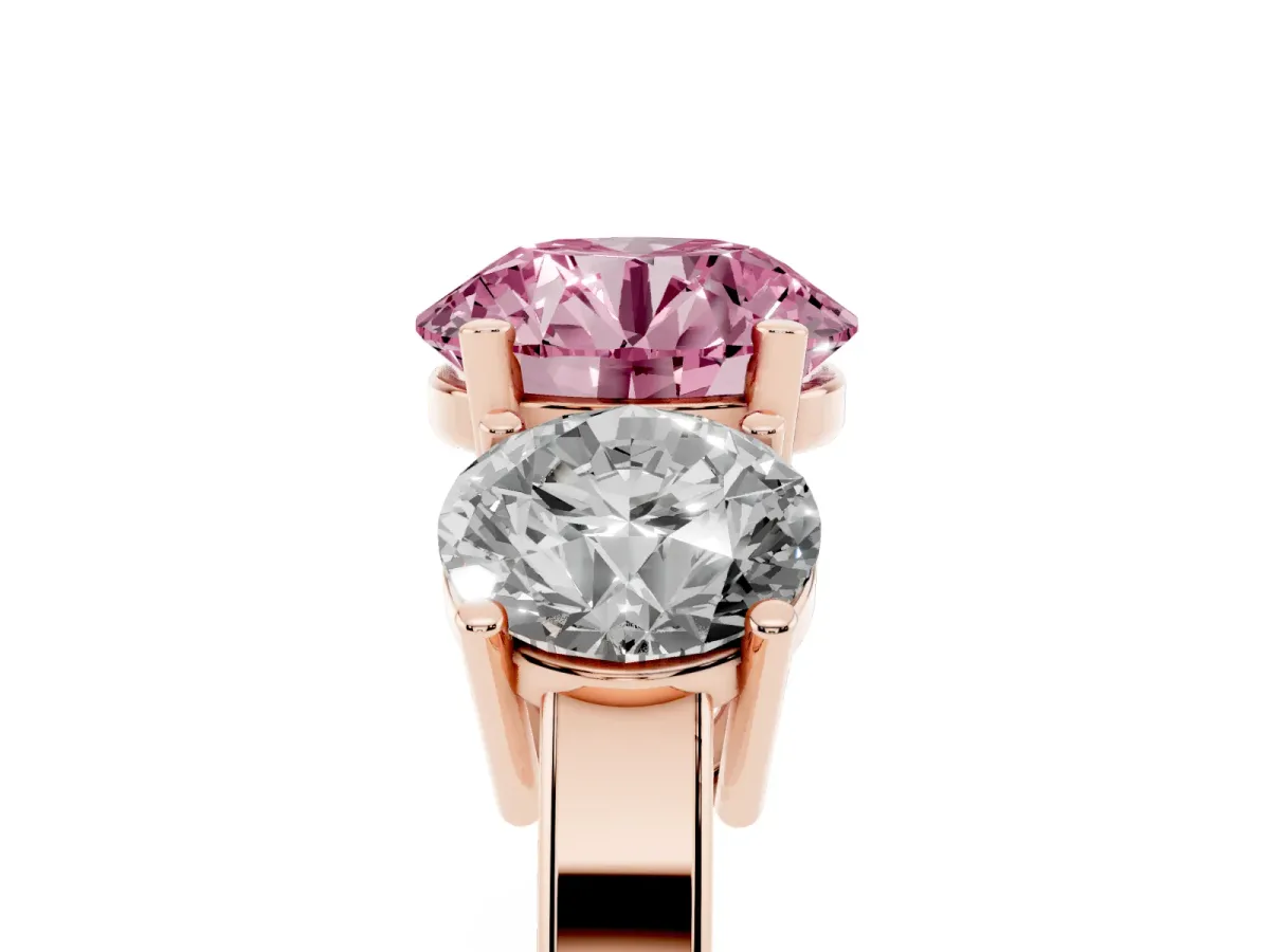 Fancy Pink Three-Stone Round Cut Cut Diamond Engagement Ring with Flat Band and Four-Prong Setting Rose gold